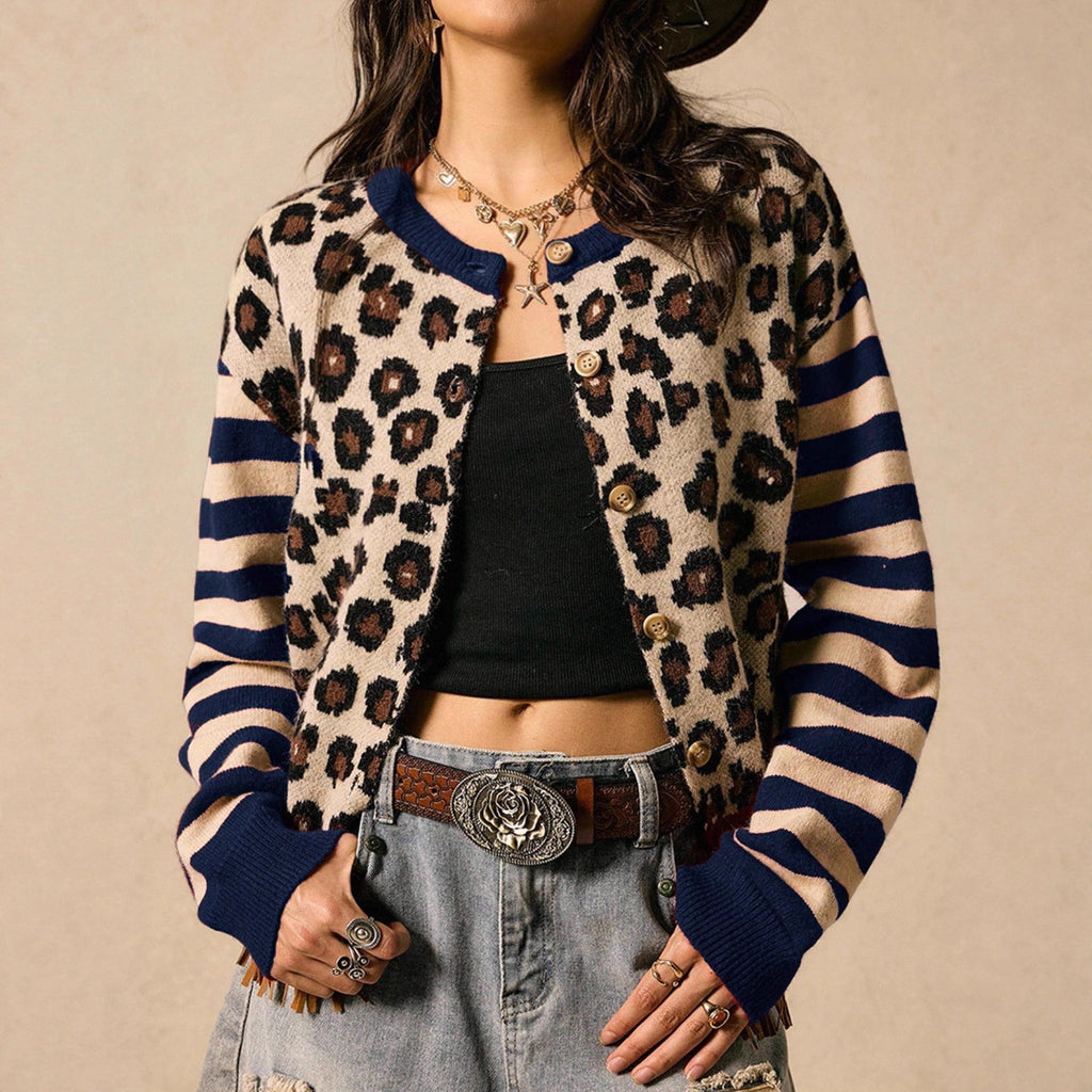 Gestreiftes Top & Cardigan mit Leopardenmuster – Bild 5 | LuxeStyle