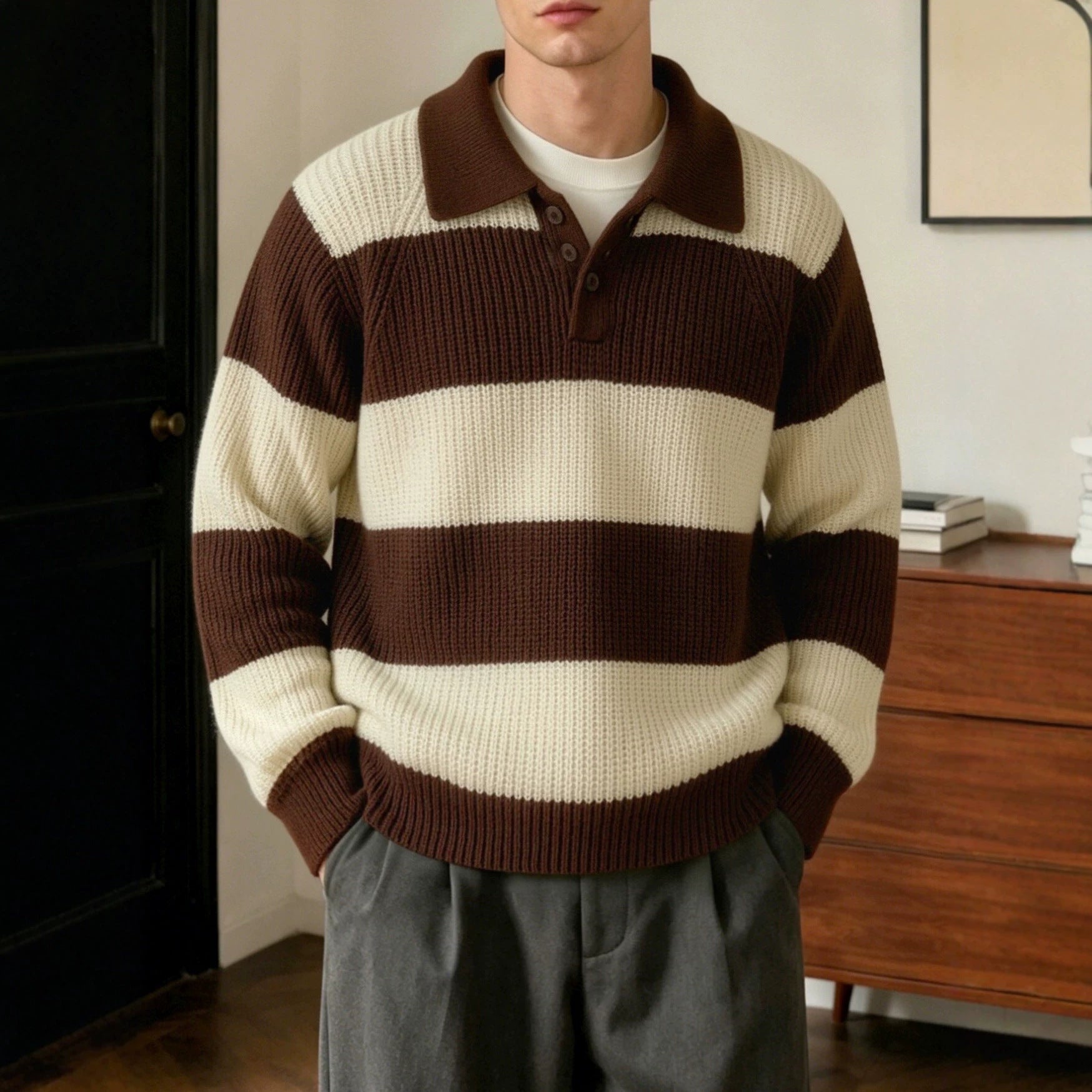 Herren Weit Schnitt Streifen-Lapel Pullover