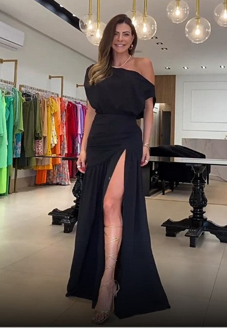Off-Shoulder Maxi-Kleid mit Taillengürtel und Schlitz – Bild 10 | LuxeStyle