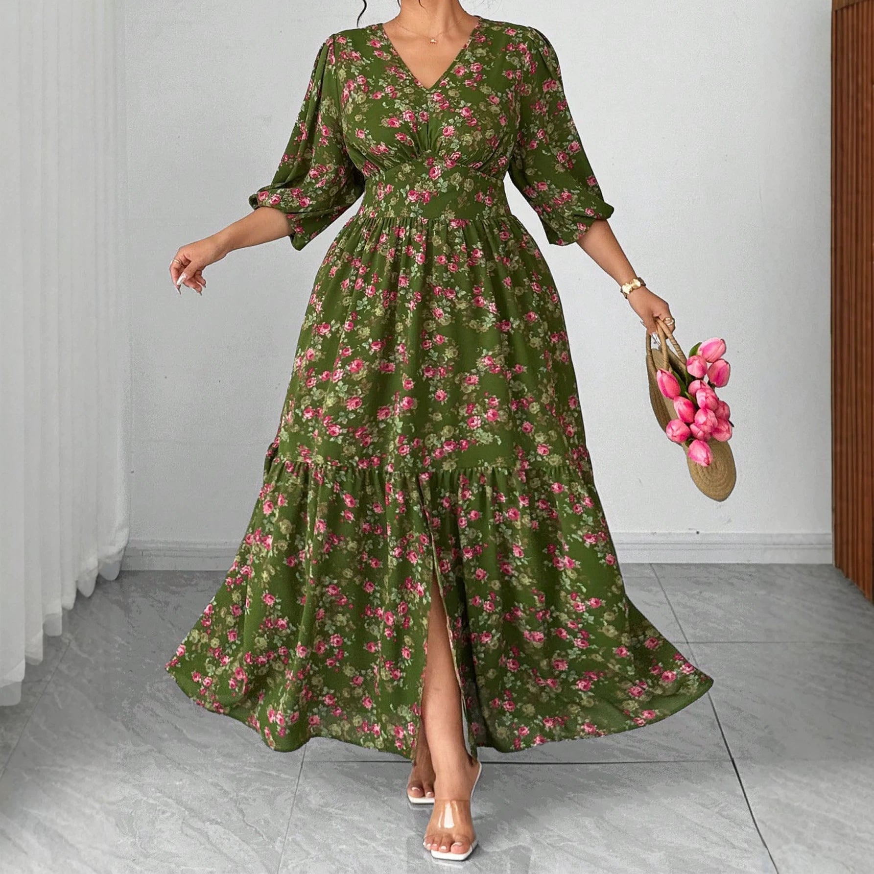 Elegantes V-Ausschnitt Midikleid mit Blumenmuster