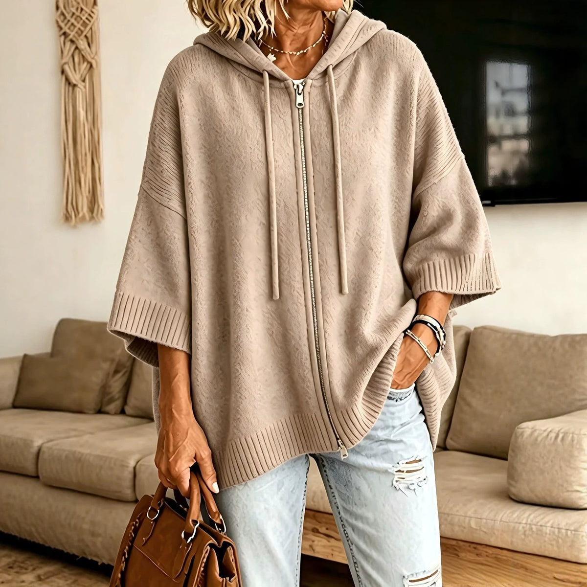 Hooded Cardigan Sweatshirt mit Fledermausärmeln – Bild 8 | LuxeStyle