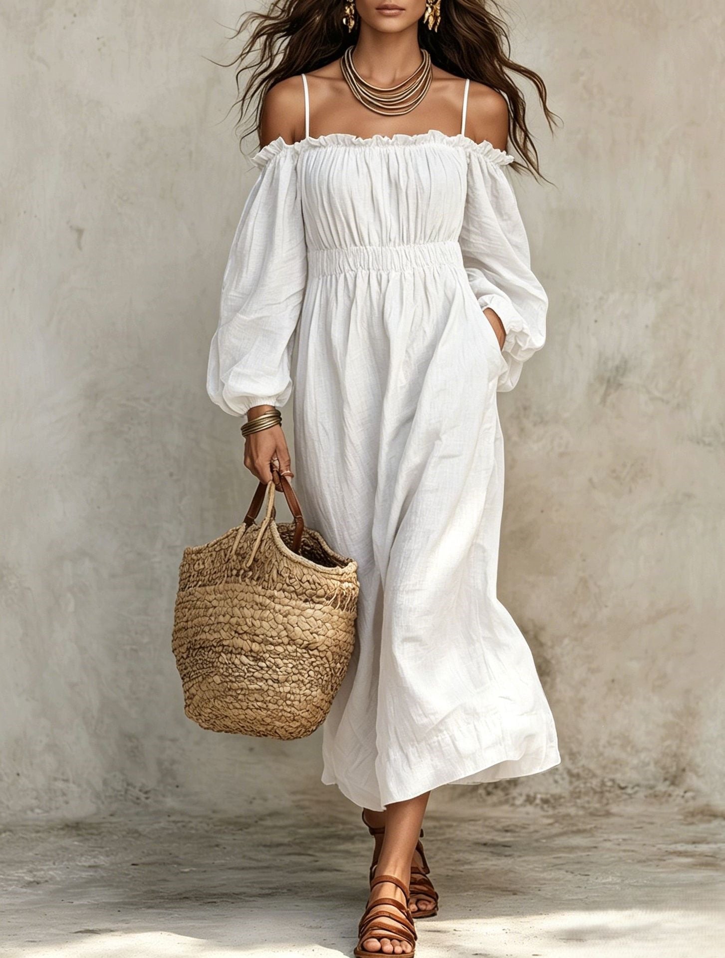 Damen Off-Shoulder Langarm Weit Schnittkleid