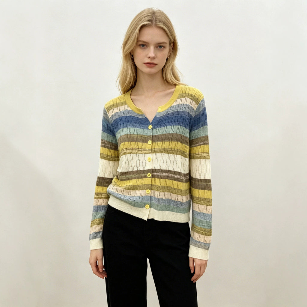 V-Neck Strick-Cardigan mit Farbblock-Streifen