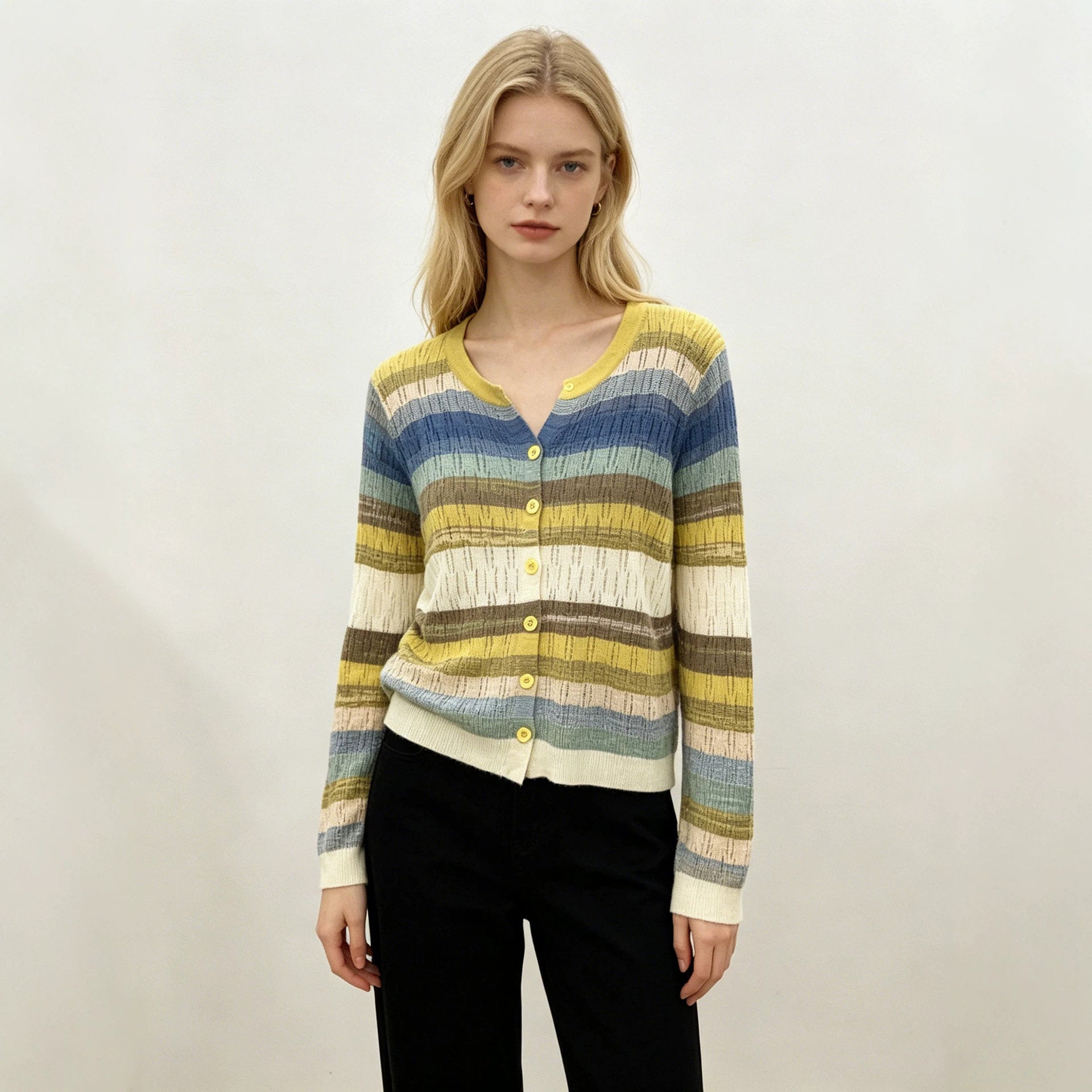 V-Neck Strick-Cardigan mit Farbblock-Streifen