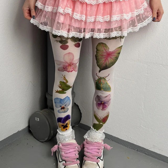 Samt-Strumpfhose mit Pflanzenmuster