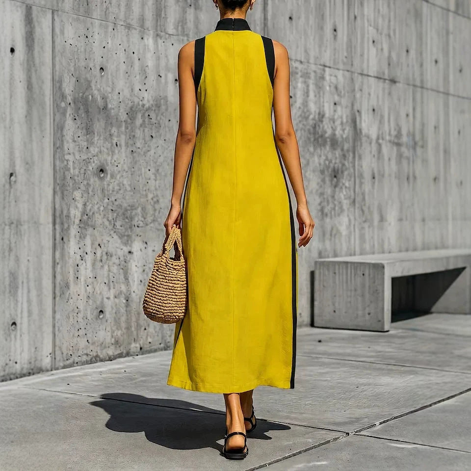 Eleganter Stehkragen-Multicolor-ärmelloses Schlitz-Langarmkleid
