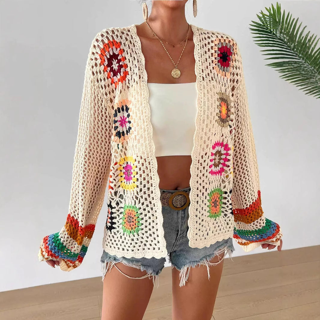 Gehäkelter Floral-Pullover mit Farbblöcken – Ansicht 6