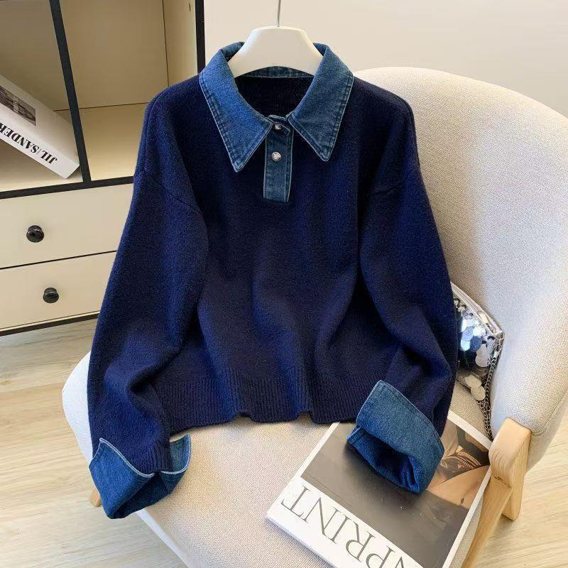 Denim-Patchwork Rollkragen-Pullover im Lagenlook