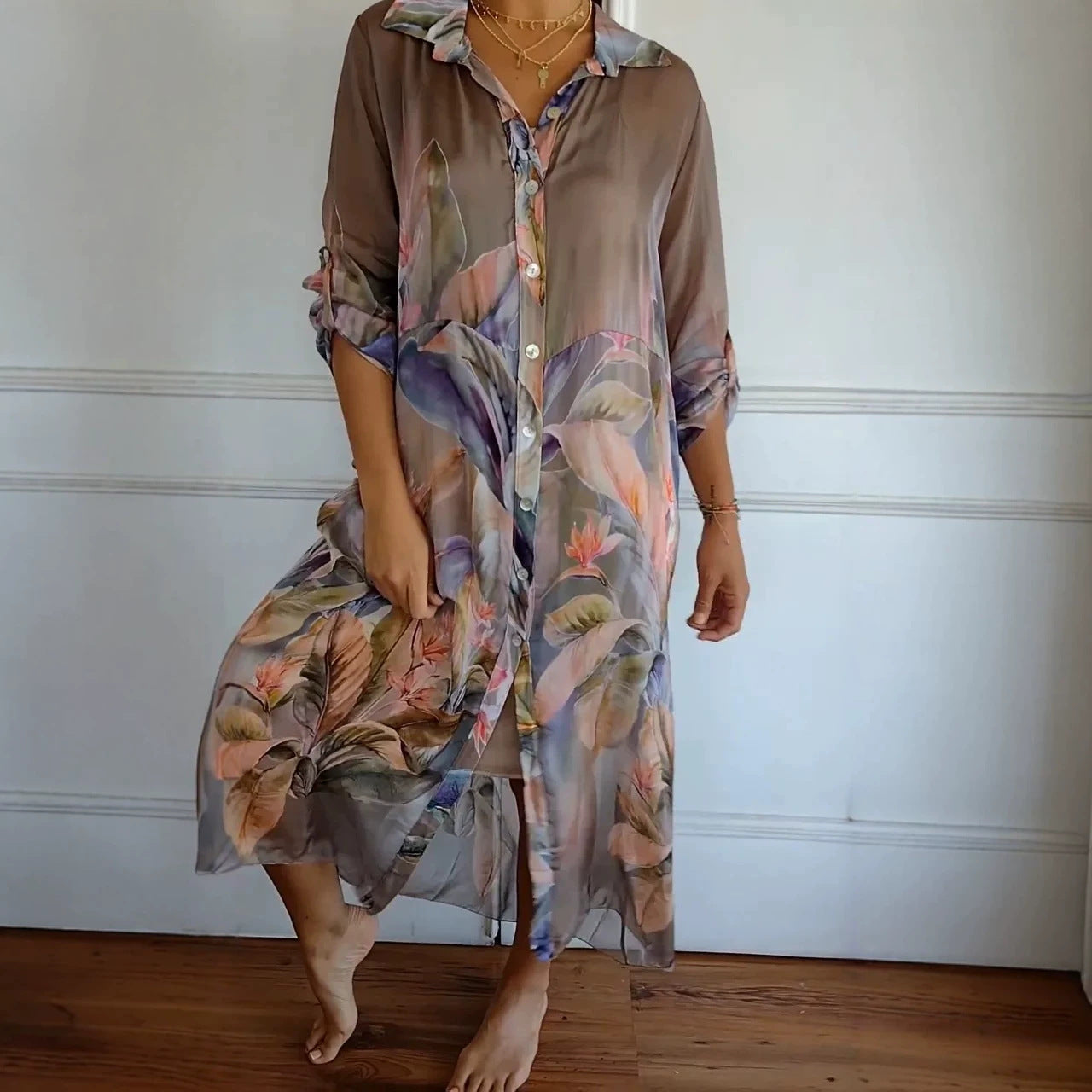 Printkragen Langarm Weit Schnitt Damenkleid
