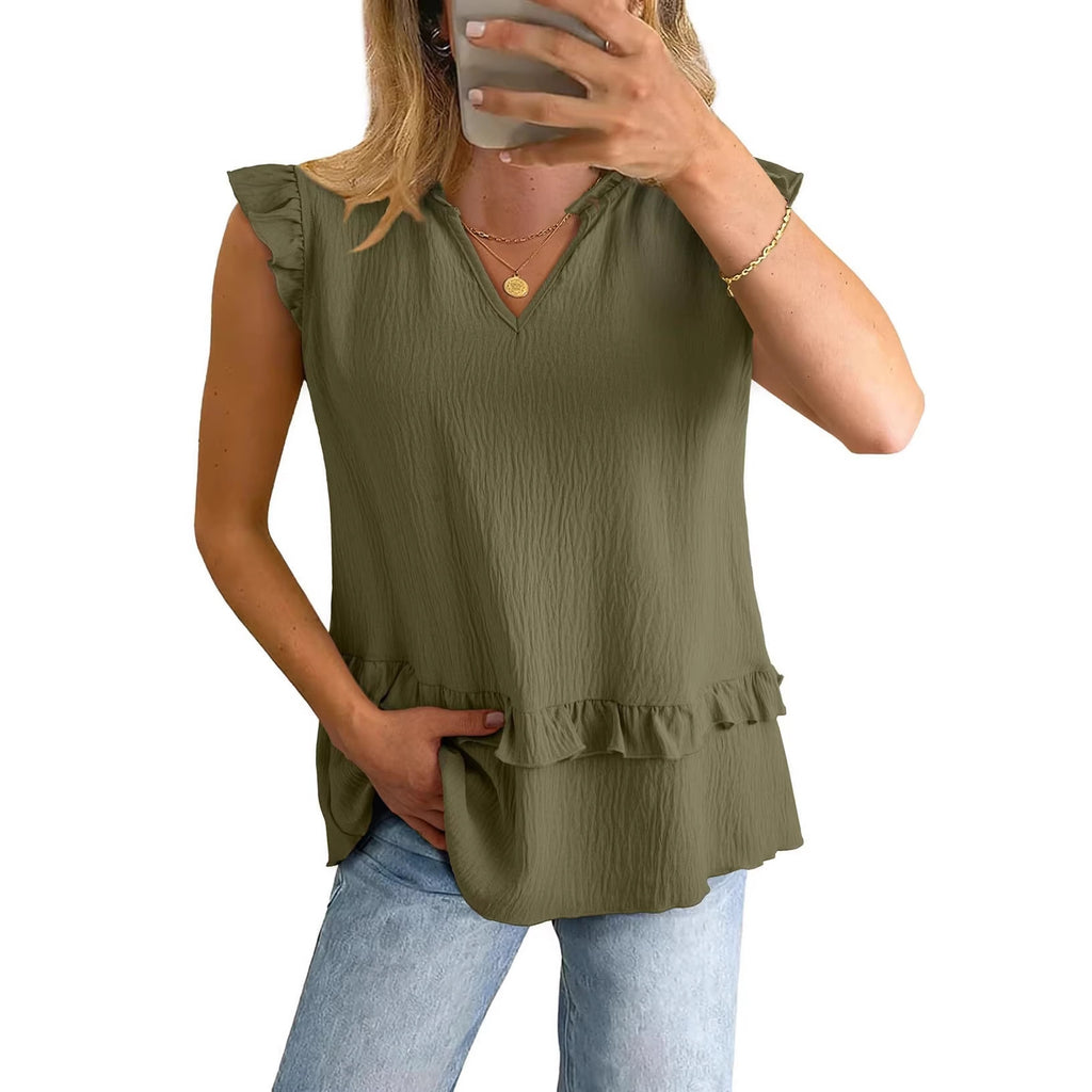 Damen V-Ausschnitt Shirt mit Rüschensaum | LuxeStyle