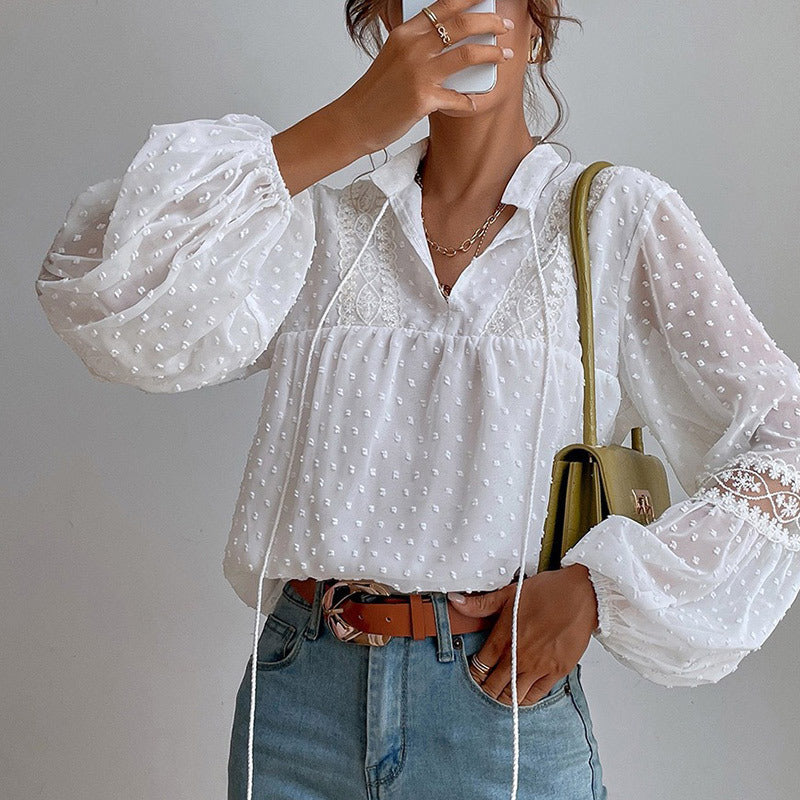 Damen Bluse mit Spitze und Laternenärmeln | LuxeStyle