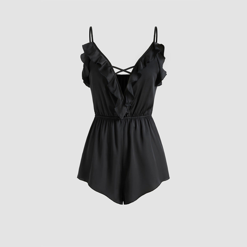 Sexy Jumpsuit mit V-Ausschnitt und Rüschen