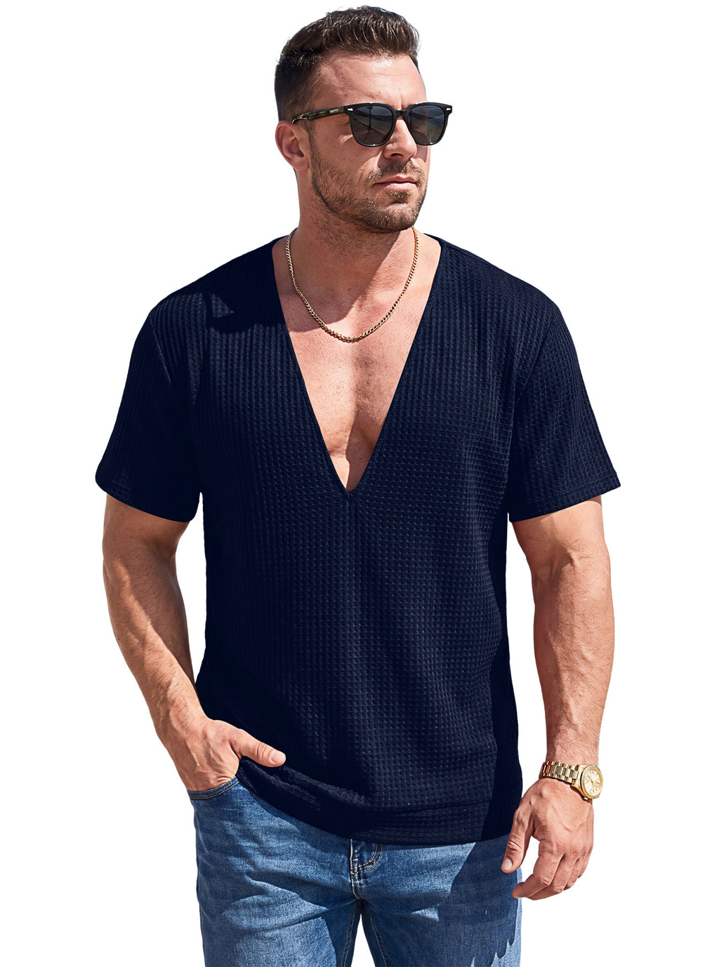 Einfarbiges Wellen-Web T-Shirt mit Tief-V-Ausschnitt Kurzarm