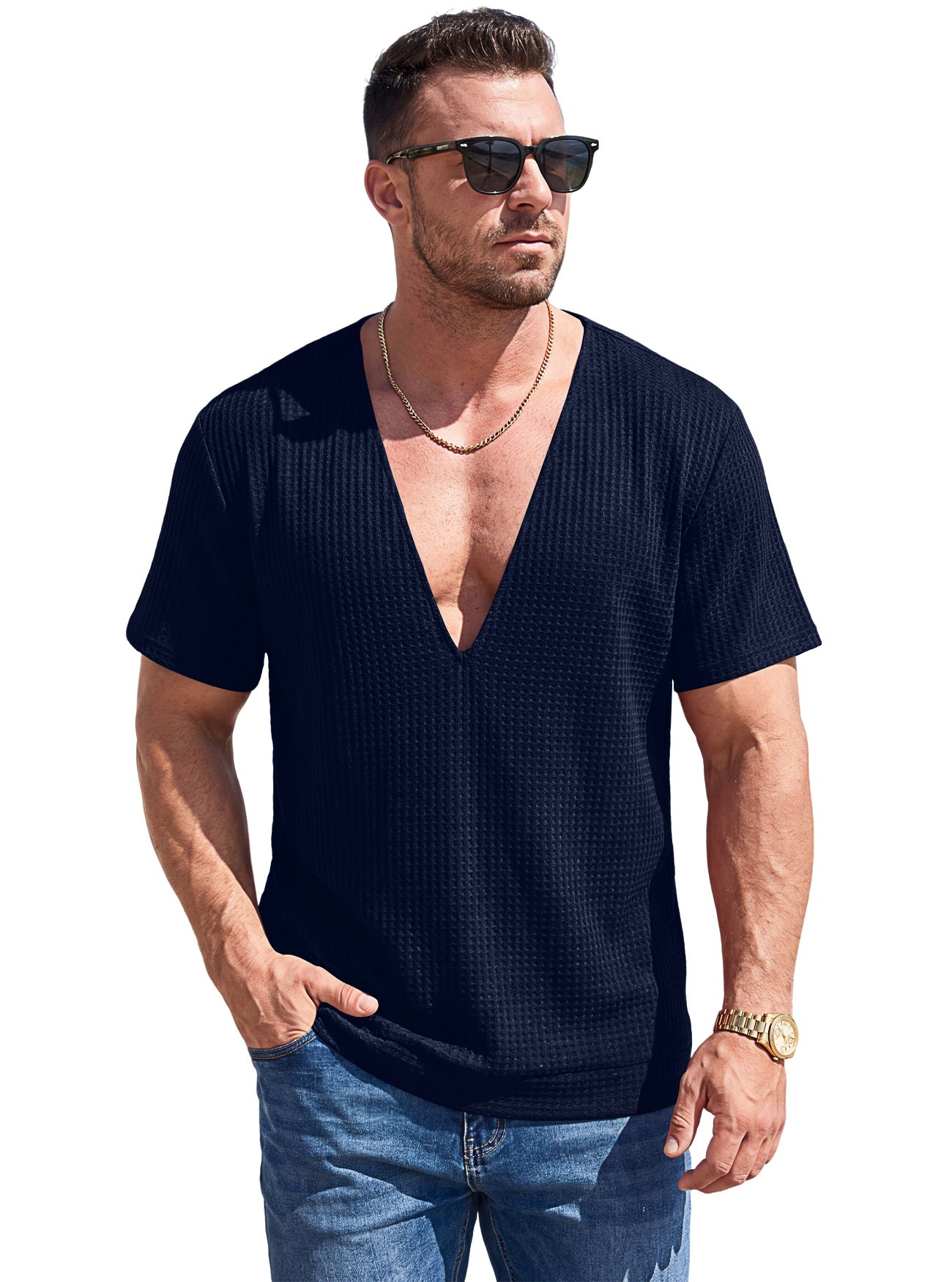 Einfarbiges Wellen-Web T-Shirt mit Tief-V-Ausschnitt Kurzarm