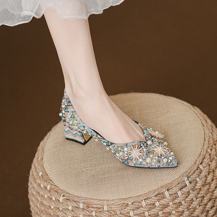 Spitze Flats mit Strass und Metallic-Print