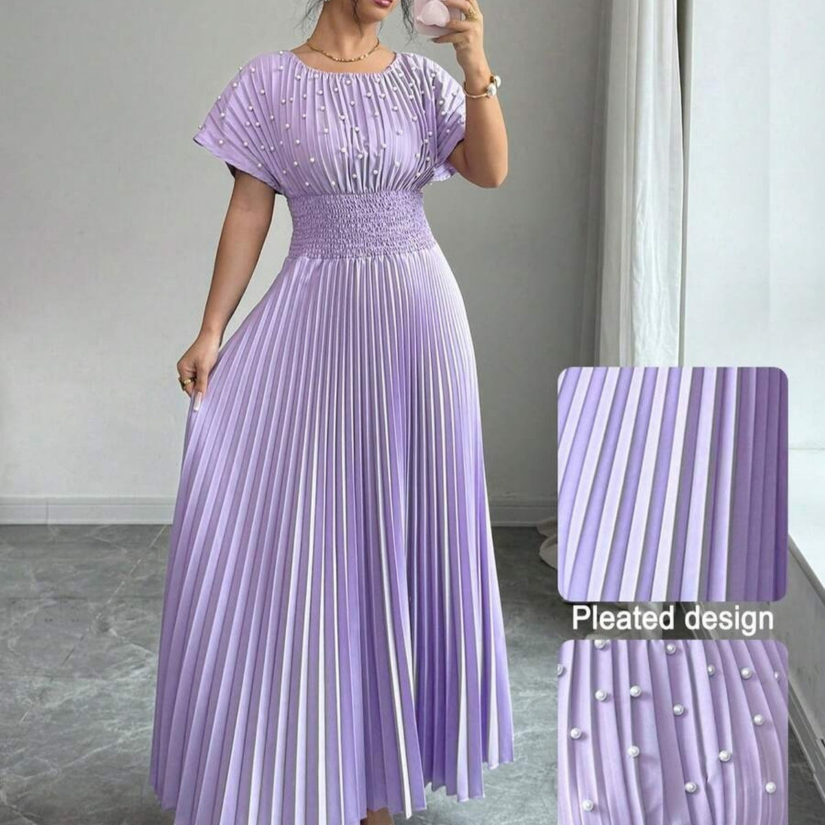 Damen Faltenkleid mit Perlen-Detail | LuxeStyle