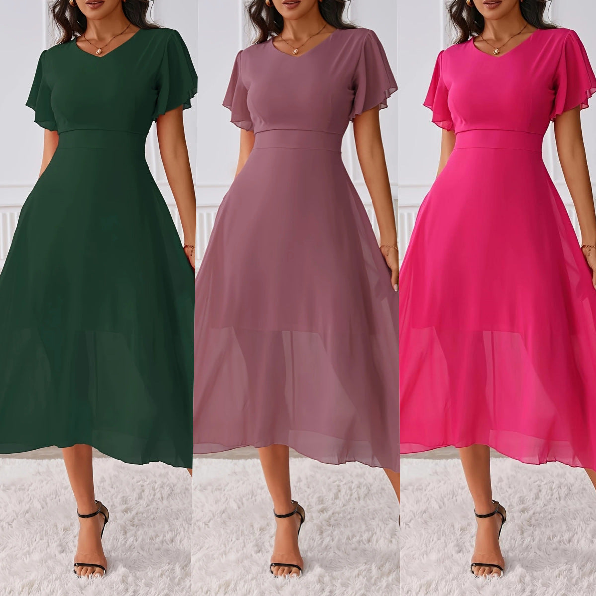 Elegantes Chiffonkleid mit V-Ausschnitt – Bild 7 | LuxeStyle