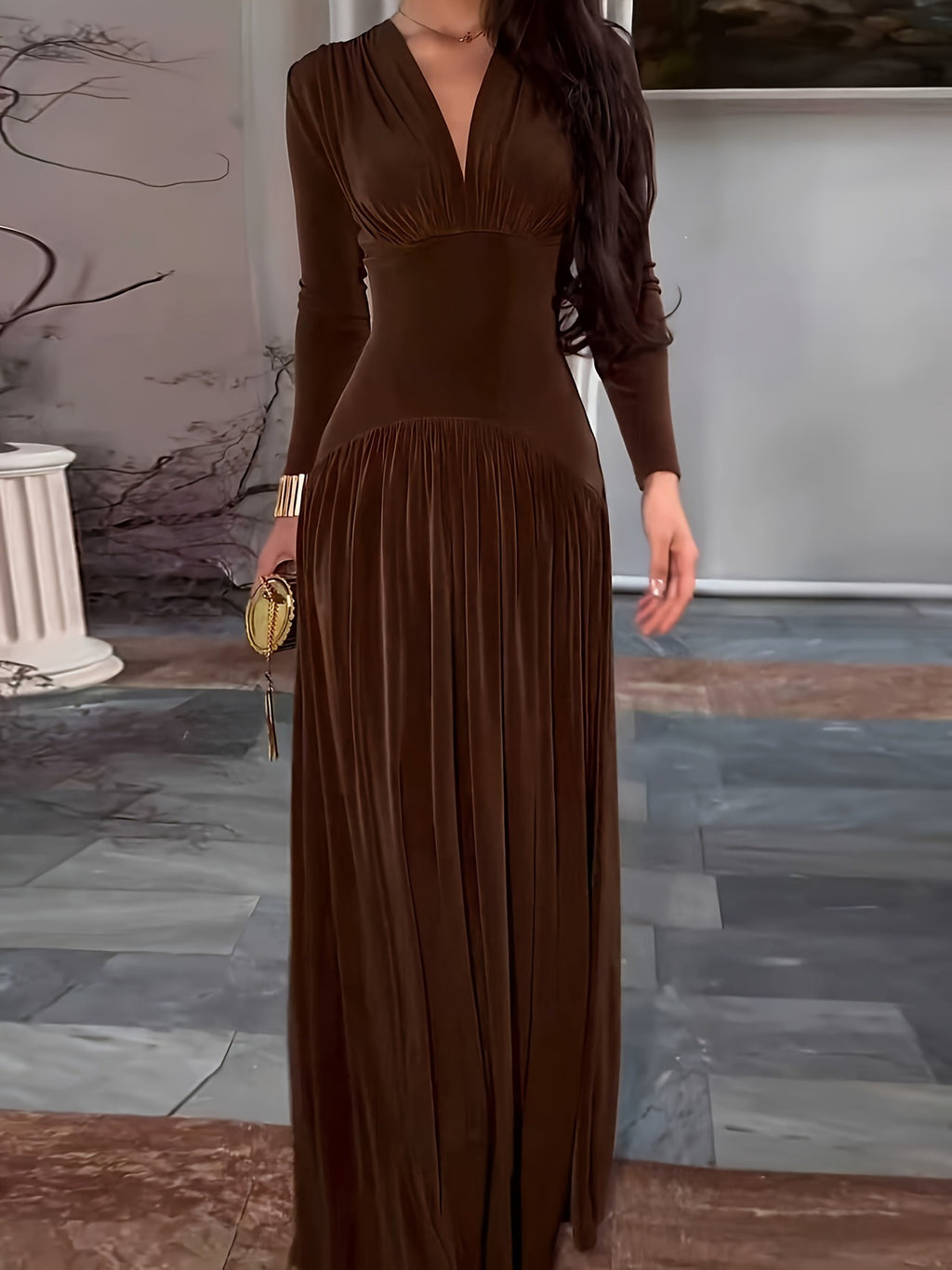 Elegantes V-Neck Plissee-Kleid für Herbst/Winter