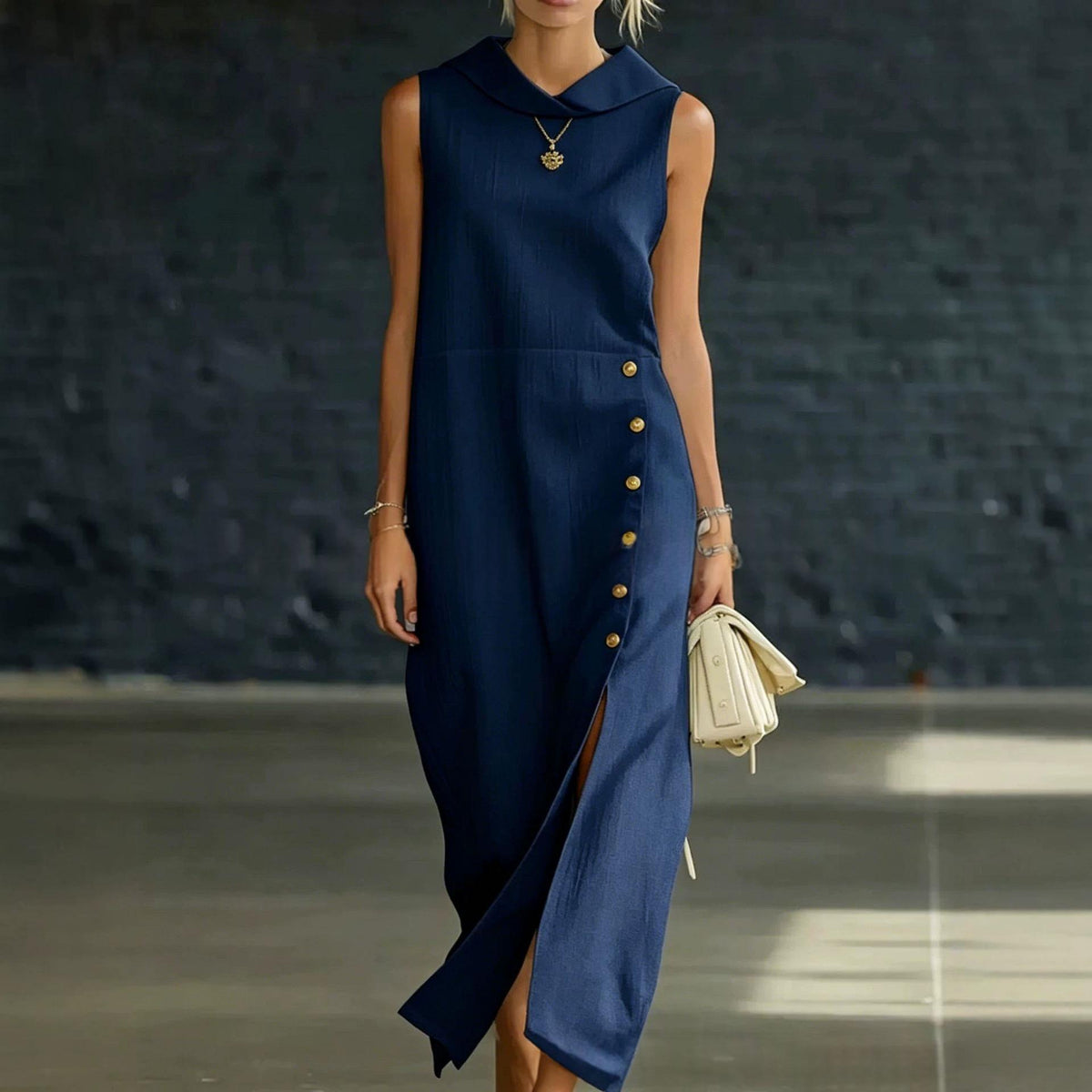 Langes Damenkleid mit Schlitz-Ausschnitt – Bild 5 | LuxeStyle