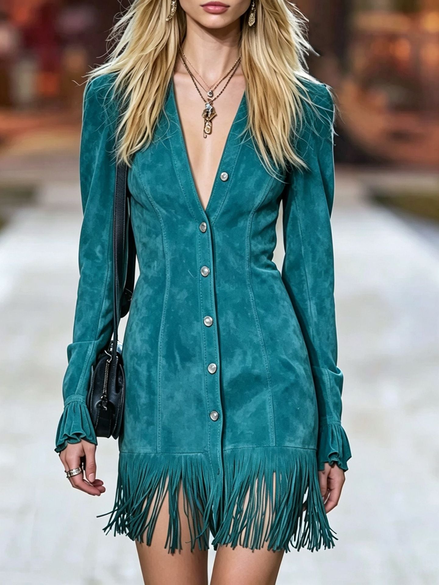 V-Ausschnitt Langarm Tassel Mini-Rock
