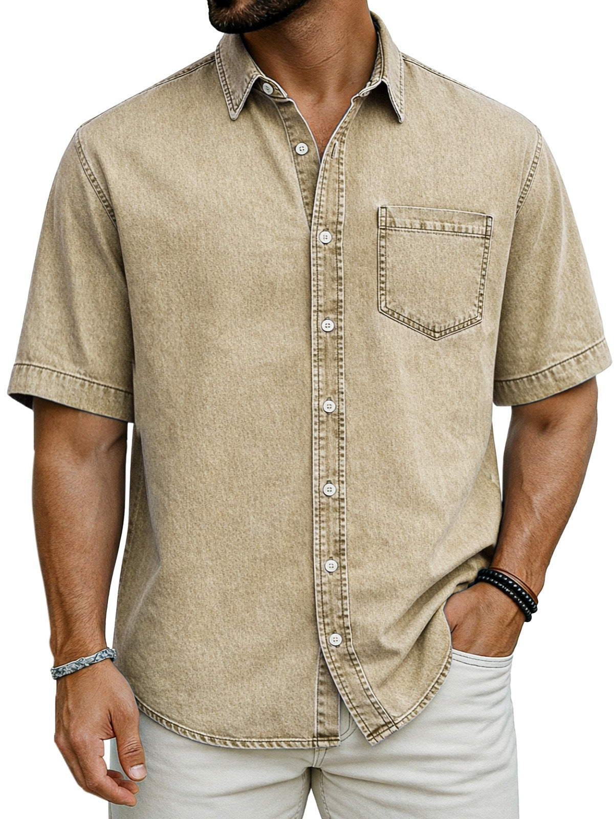 Herren Kurzarm-Casual-Shirt Sommer Sandgewaschen