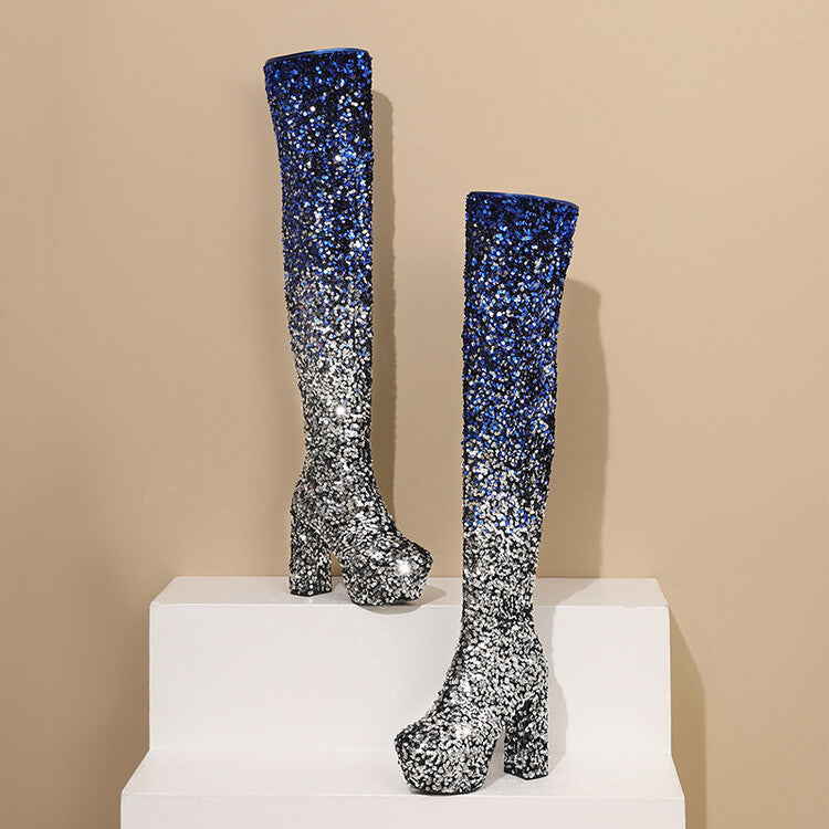 Sequen-Schuhe mit Stilettoabsatz, Überknie
