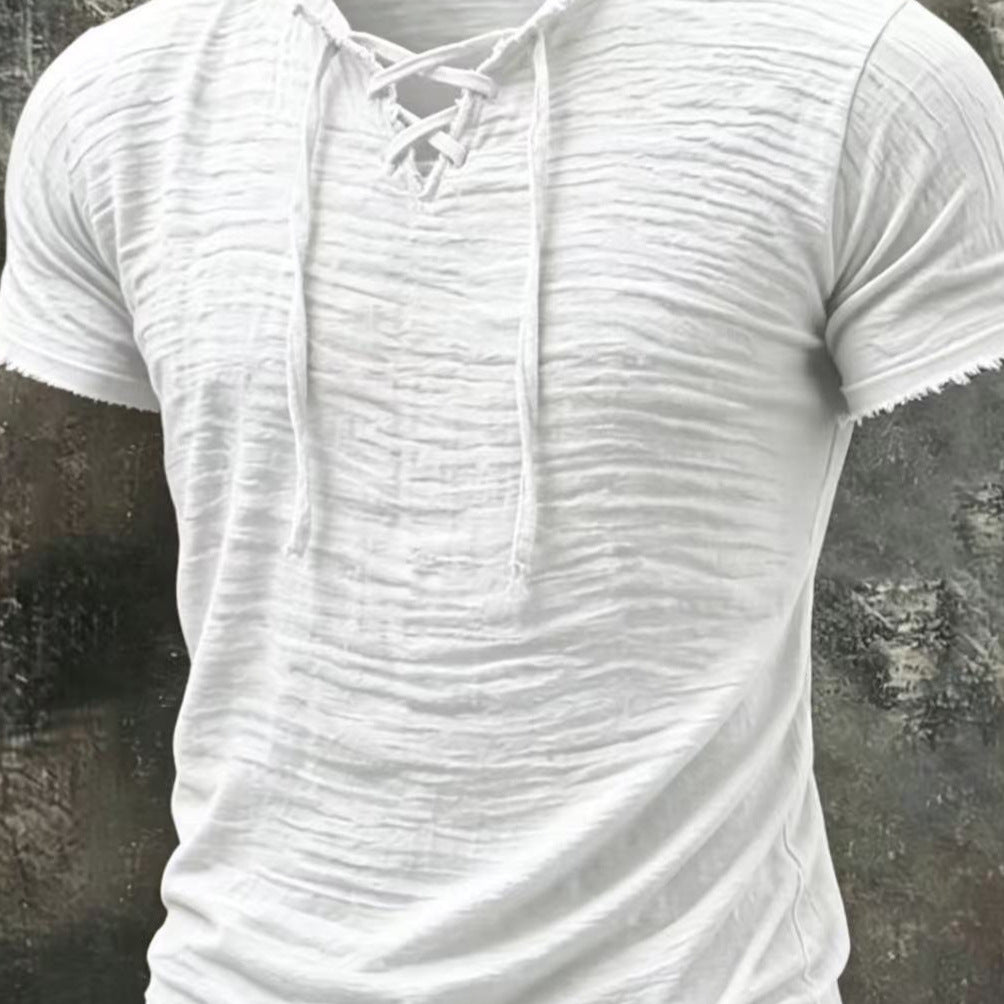 Retro Baumwoll-Leinen T-Shirt mit V-Ausschnitt und Kurzarm