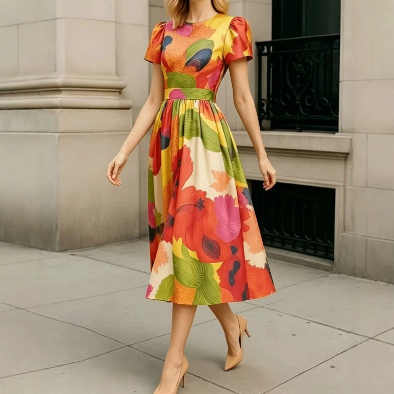 Tailliertes Maxi-Kleid mit Puffärmeln – Bild 3 | LuxeStyle