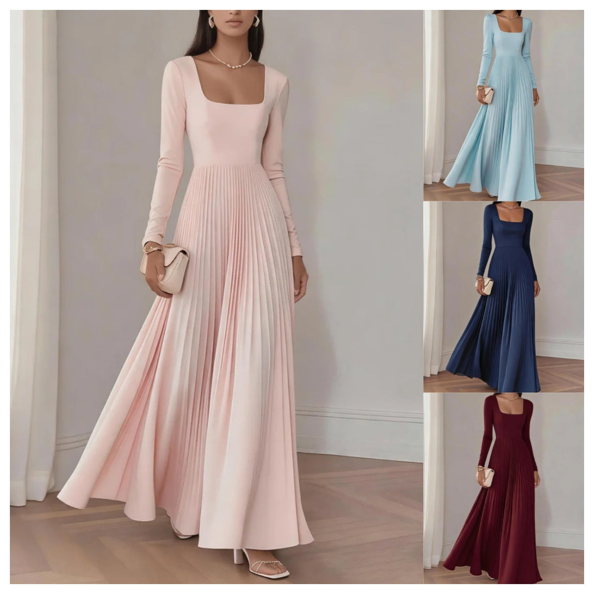 Midi-Kleid mit eckigem Ausschnitt und langen Ärmeln