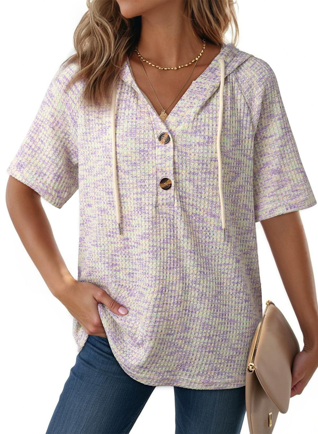 Waffle-Weave V-Neck Hoodie mit Knopfleiste