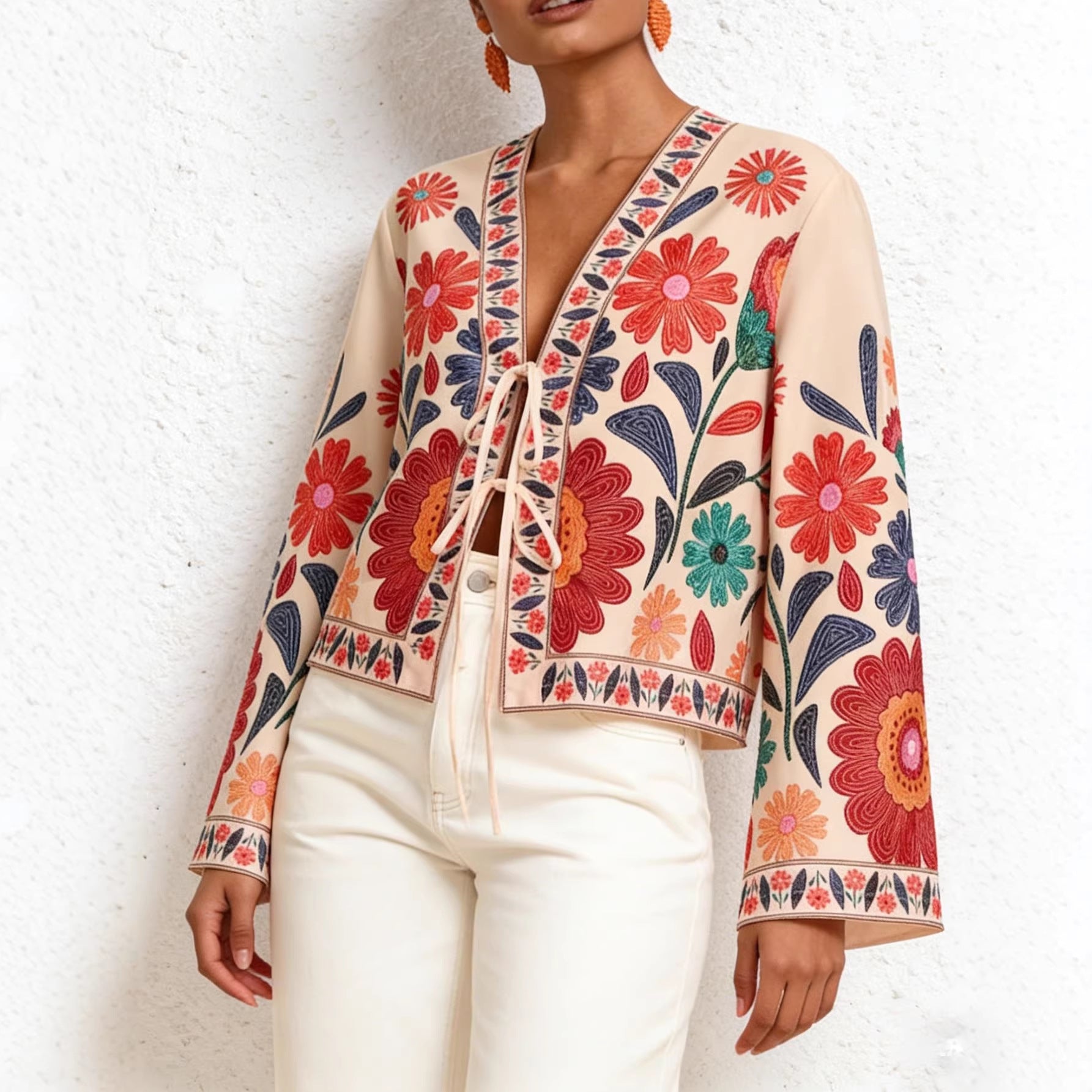 Boho-Jacke «Fiore» · Blüten-Stickerei, Bindeband