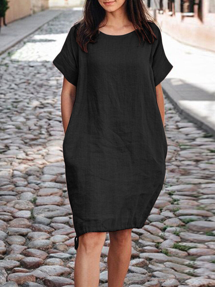 Loose-fit Baumwoll-Leinen Kleid mit kurzen Ärmeln – Bild 8 | LuxeStyle