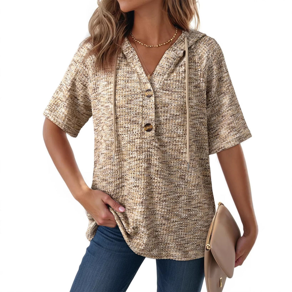 Waffle-Weave V-Neck Hoodie mit Knopfleiste