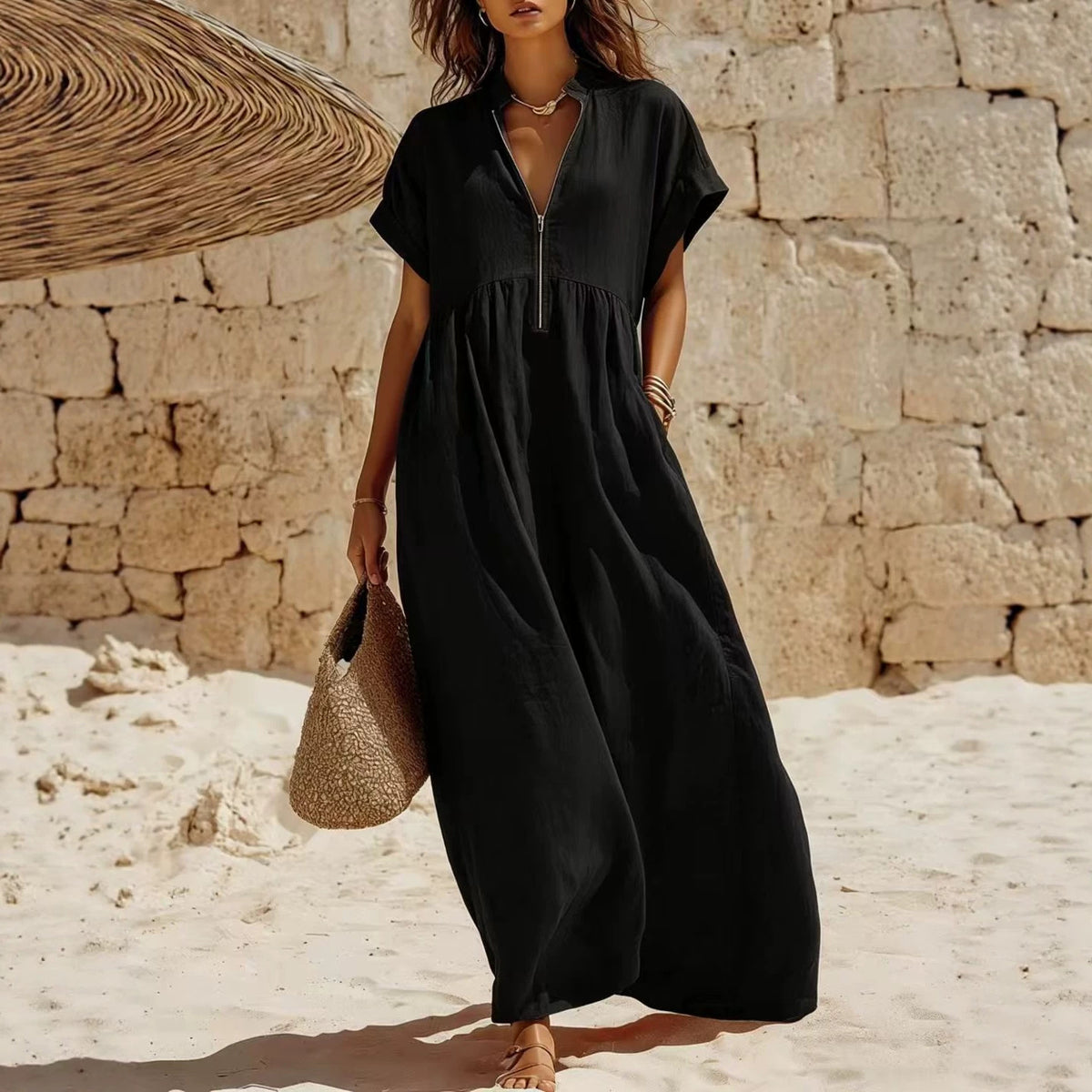 Langes Leinenkleid mit Reissverschluss – Bild 3 | LuxeStyle