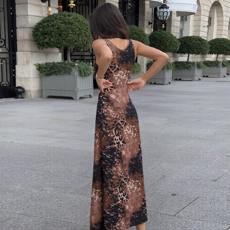 Leopardenprint Sommerkleid, Slim Fit, Maxilänge
