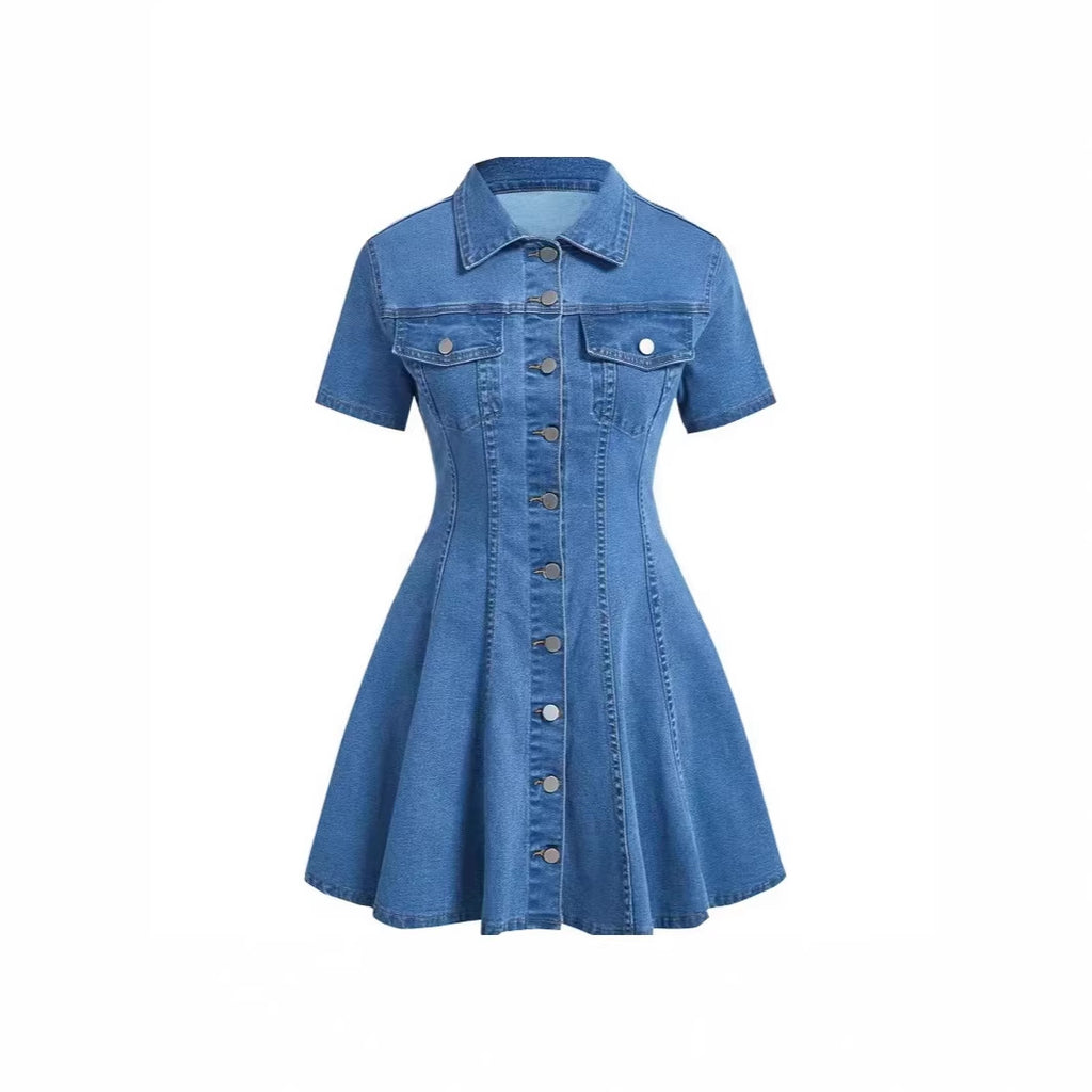 Denim-Kleid mit kurzen Ärmeln und Taillengürtel