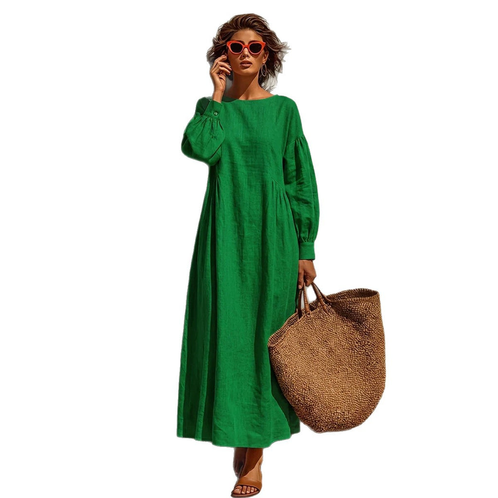 Linnen-Kleid mit Rundhals und Ballonärmeln