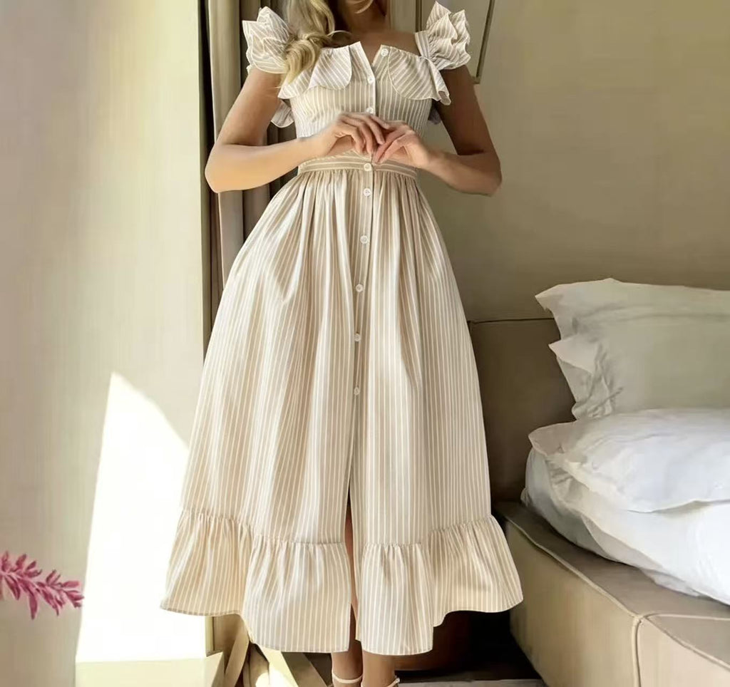 Gestreiftes A-Linien-Kleid mit Puffärmeln