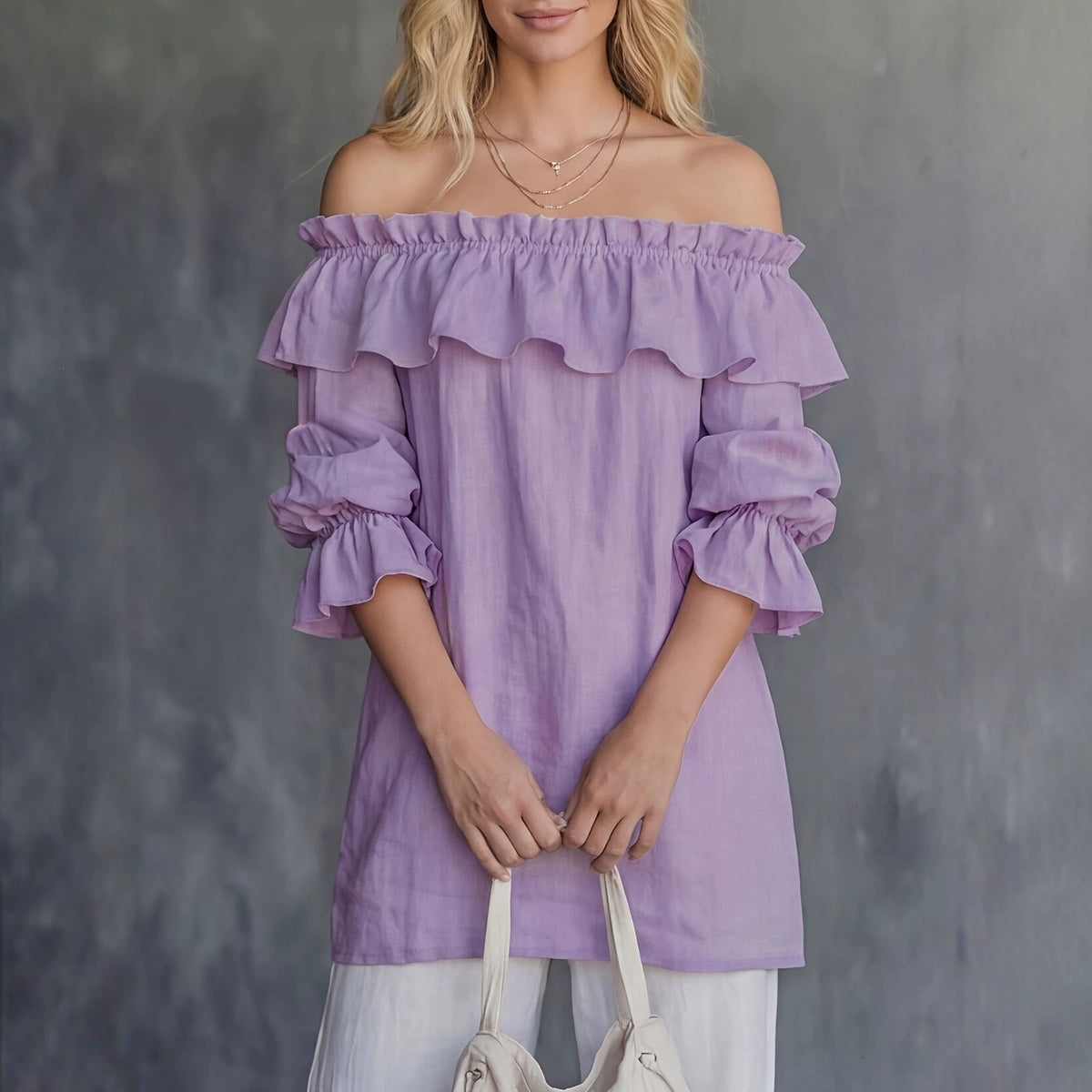 Ein-Shoulder-Gefältelter Bauschärmel-Weit-Hemd – Bild 2 | LuxeStyle
