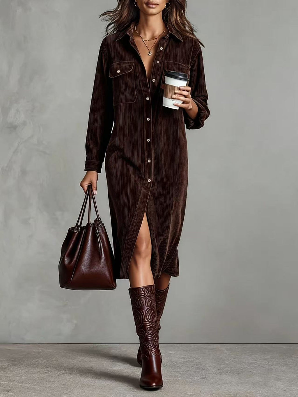 Cord-Hemdblusenkleid mit Rock