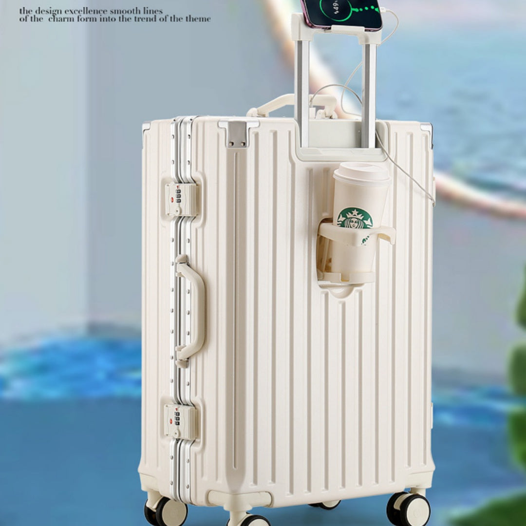 Reisekoffer mit Aluminiumrahmen und Becherhalter