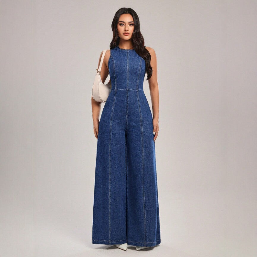 Ärmelloser Denim-Overall mit weitem Bein