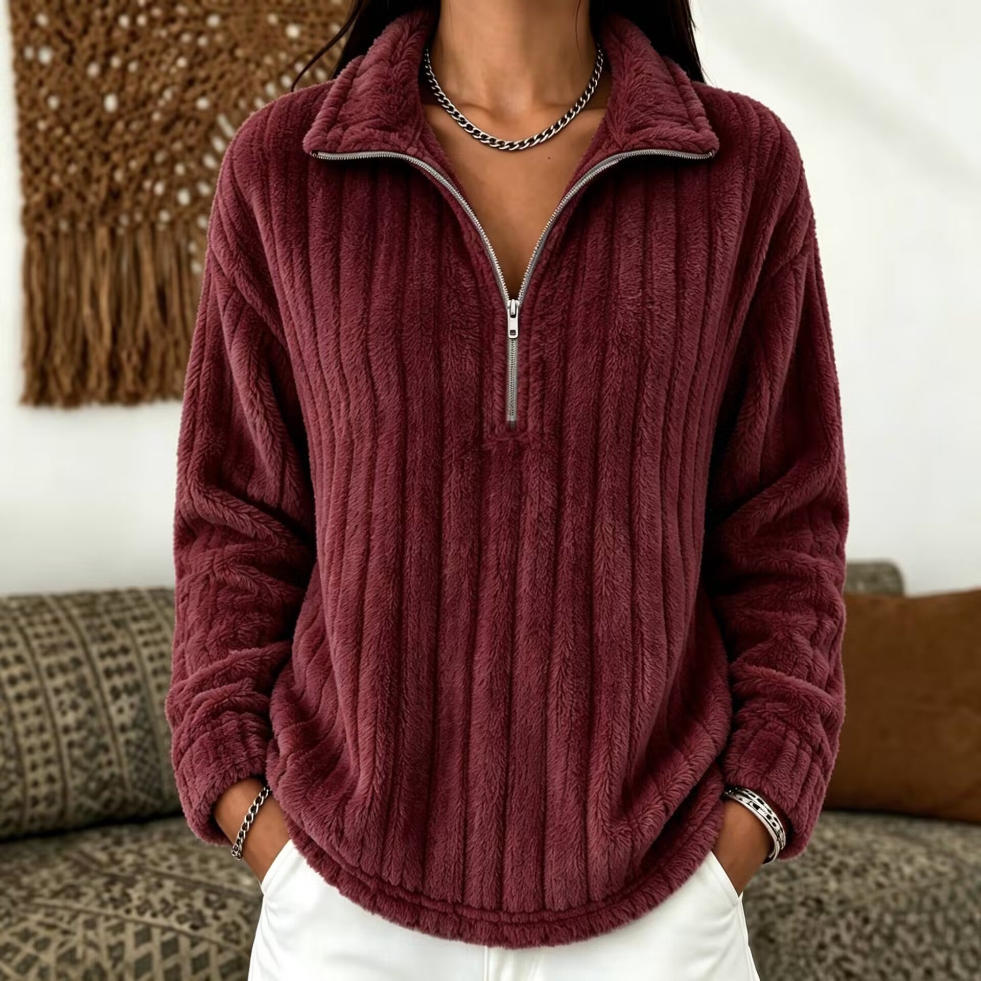 Plüsch-Kapuzenpullover mit Reissverschluss