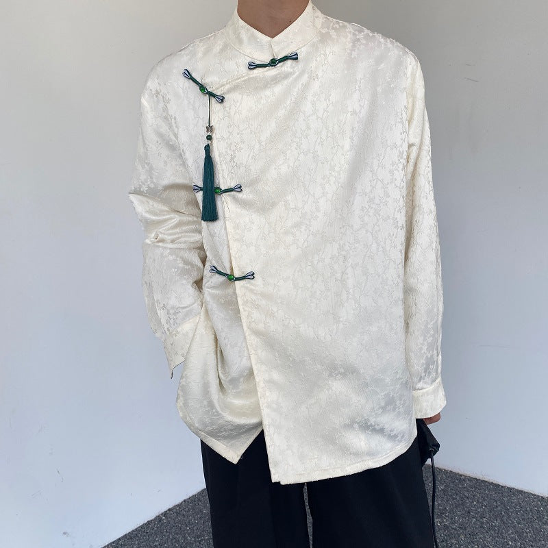Satin Jacquard Langarmhemd mit Stehkragen