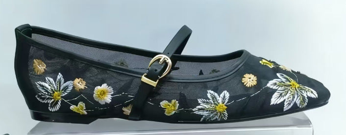 Rundzehen Blumenstickerei Mesh Flachschuhe