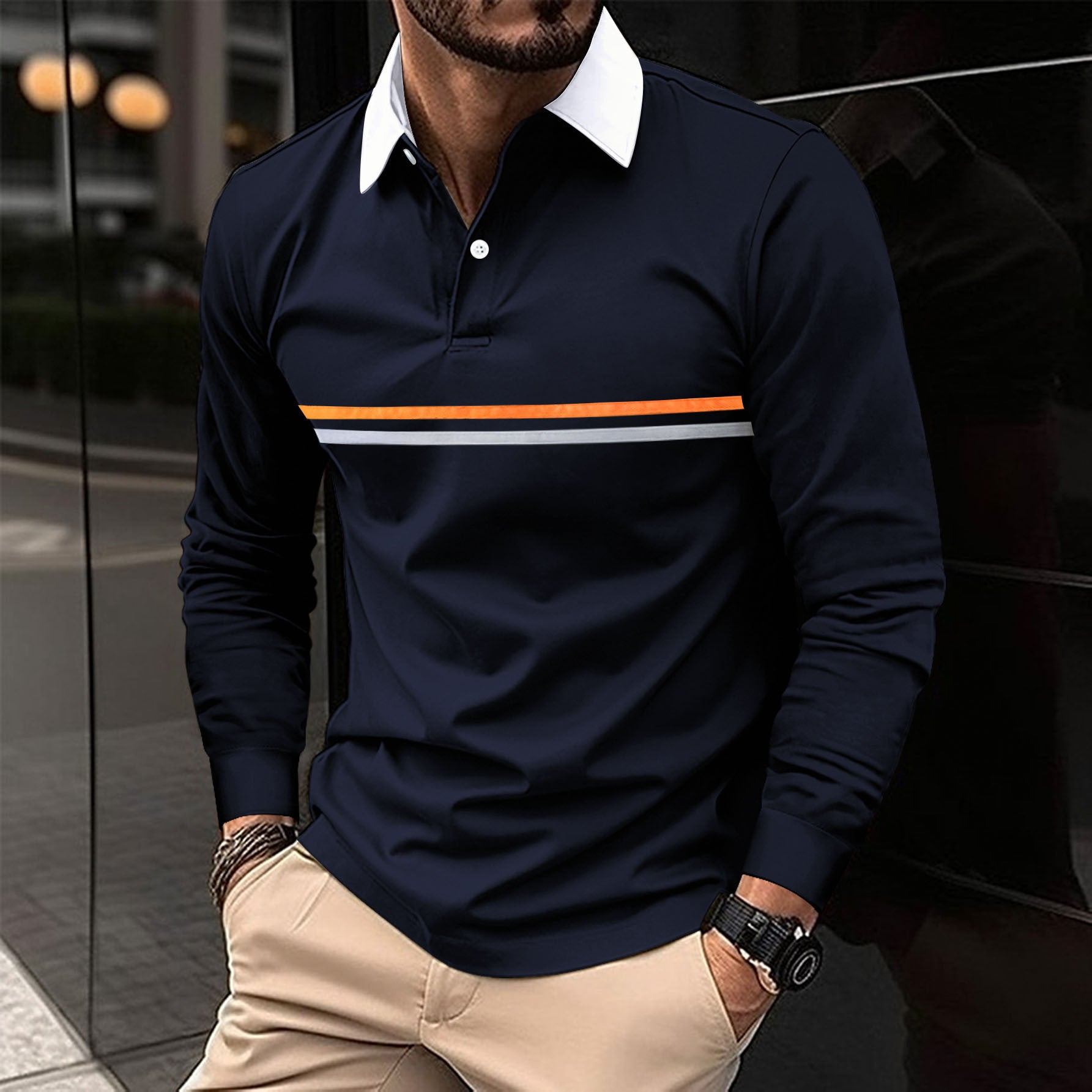 Herren Langarm Polo-Shirt mit Knopfleiste