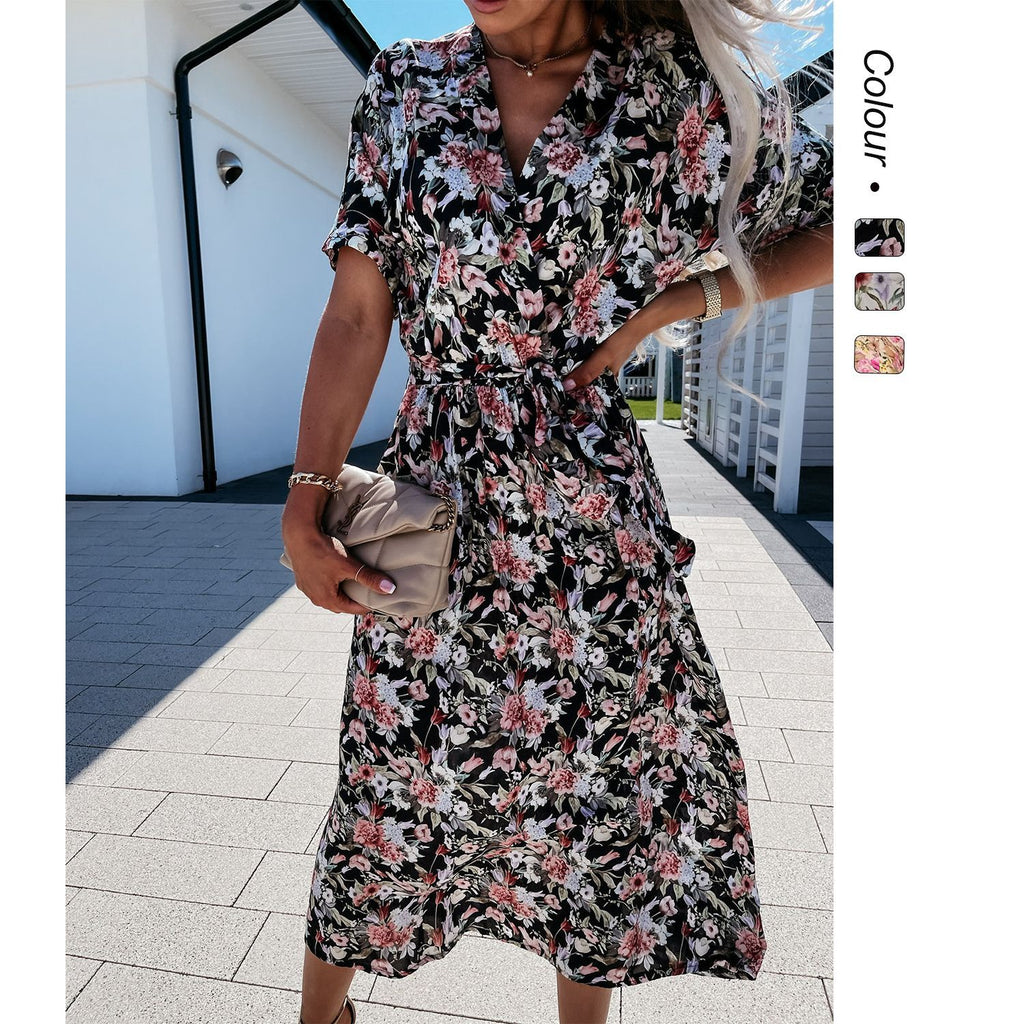 Geblümtes V-Ausschnitt Kleid mit definierter Taille | LuxeStyle