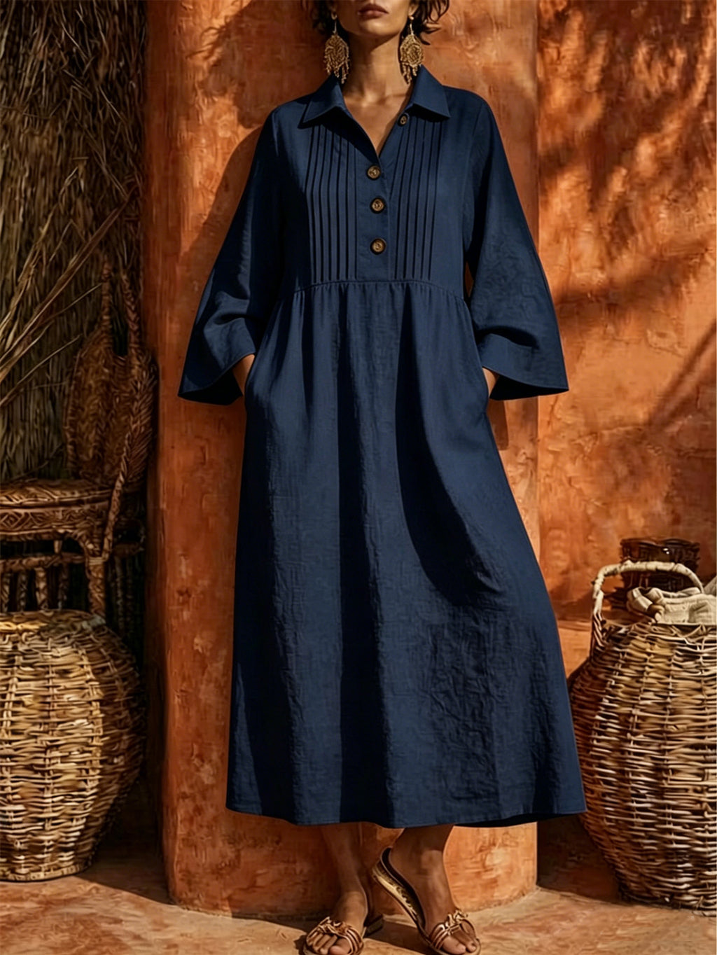 Langes V-Neck Freizeitkleid mit Knopfleiste – Bild 11 | LuxeStyle