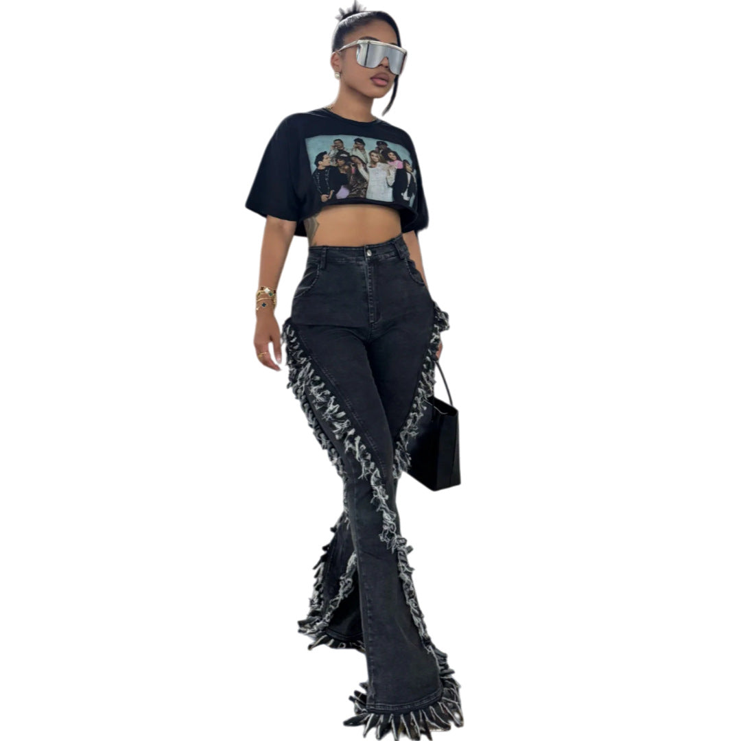 Stretch-Flare-Jeans mit Fransen