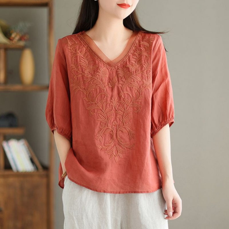 Besticktes Leinen-Baumwoll-Shirt